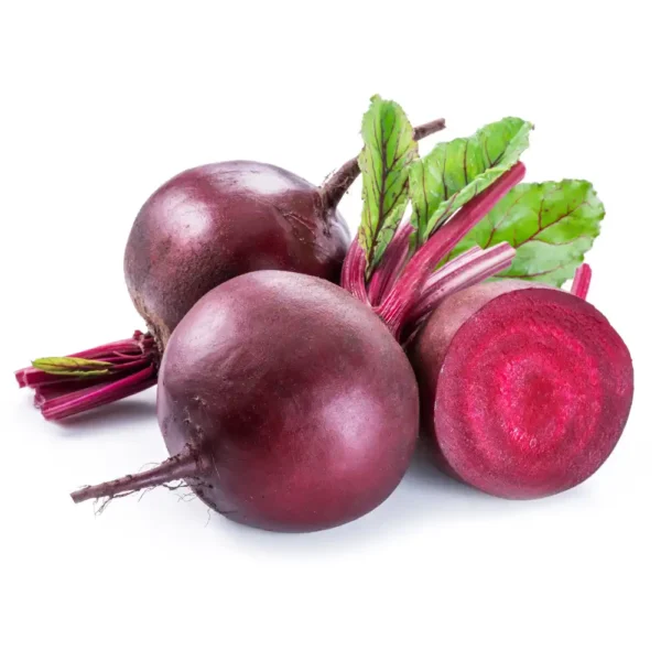 Fresh beets displayed on a clean white background, showcasing their vibrant color and natural texture.