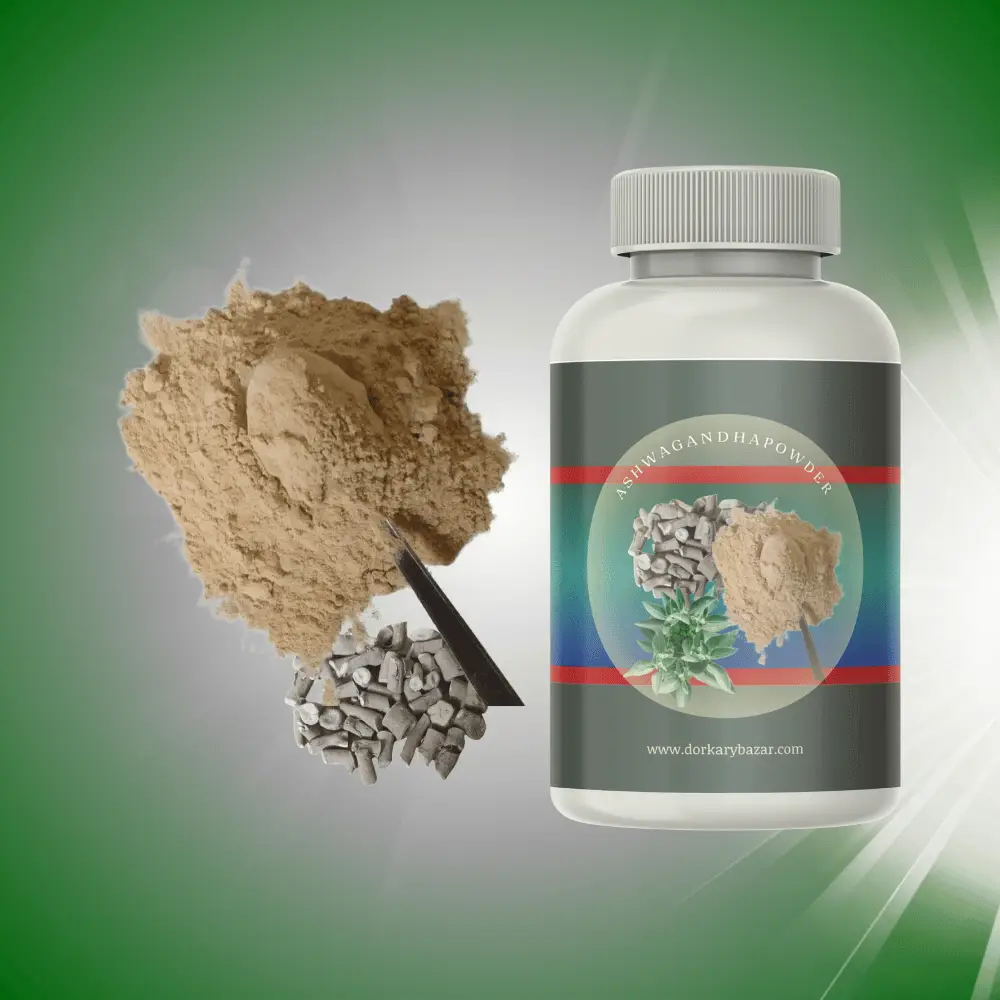 A ashwagandha powder bottle and spoon arranged next to a leafy plant, highlighting a connection between nature and wellness.