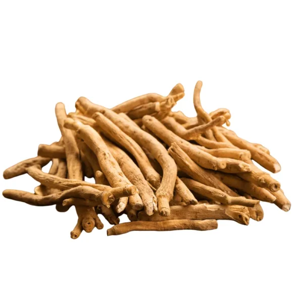 A close-up view of a pile of long, thin roots arranged on a clean white background, showcasing their natural texture.