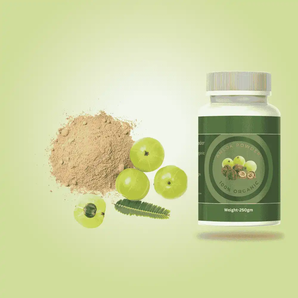 Amla powder in a bowl beside a clear bottle filled with amla powder, showcasing its natural, earthy color and texture.